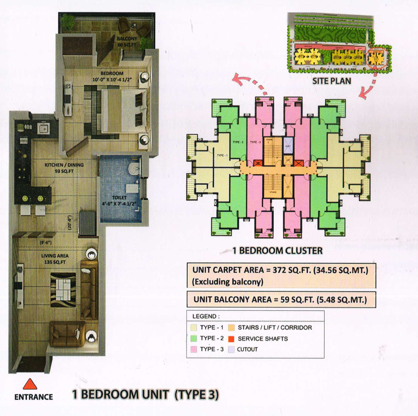 1BHK Floor Plan Type 3