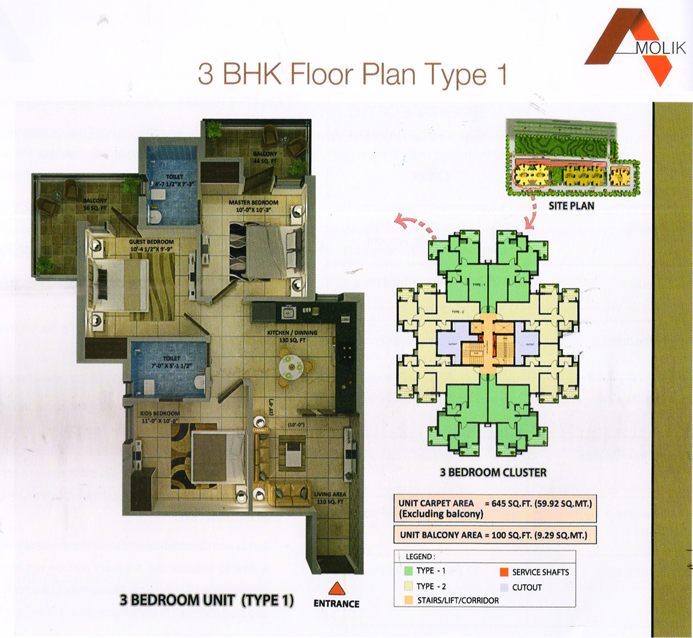 3BHK Floor Plan Type 1