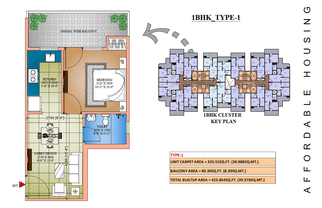 1BHK Floor Plan Type 1