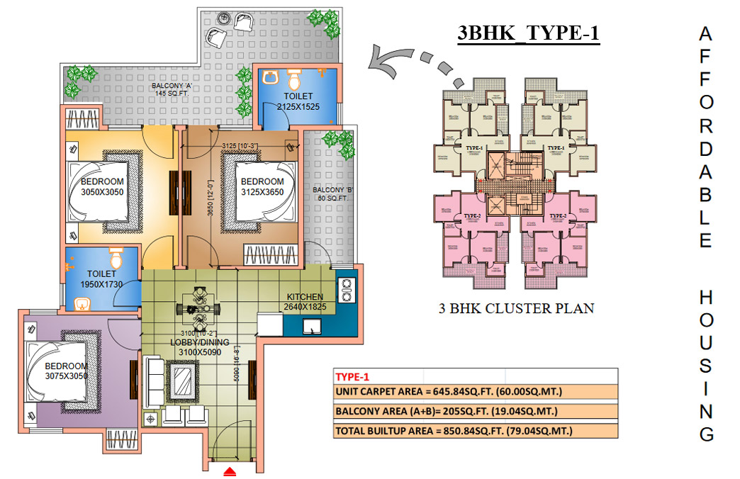 3BHK Floor Plan Type 1