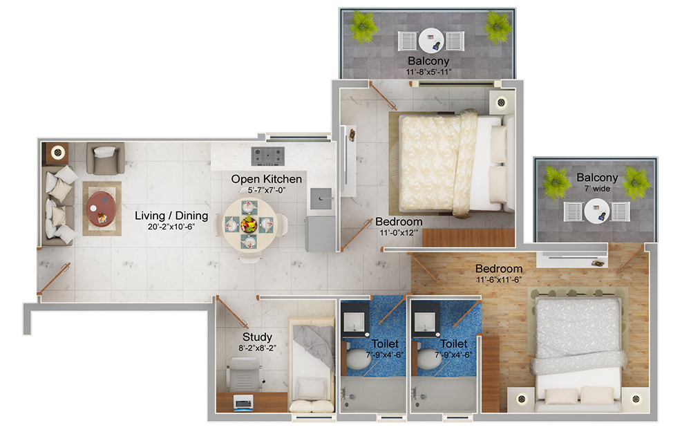 2 BHK + Study Type 1